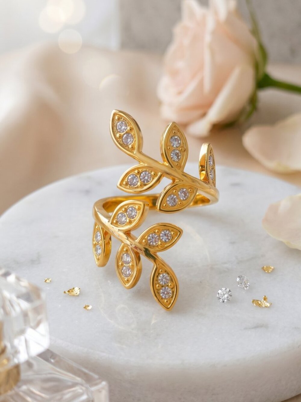 18K Gold Plated CZ Leaf Branch Vine Cottagecore Adjustable Open Ring 6-10 NWT